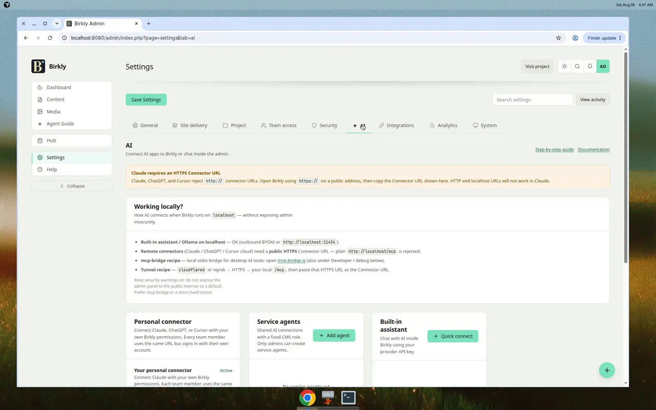 Settings → AI — connector home (not an Agent Guide tab)